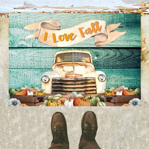 Vintage Old Truck and Pumpkins I Love Fall   Doormat