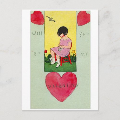 Vintage Old Valentine Little Girl Handmade Holiday Postcard