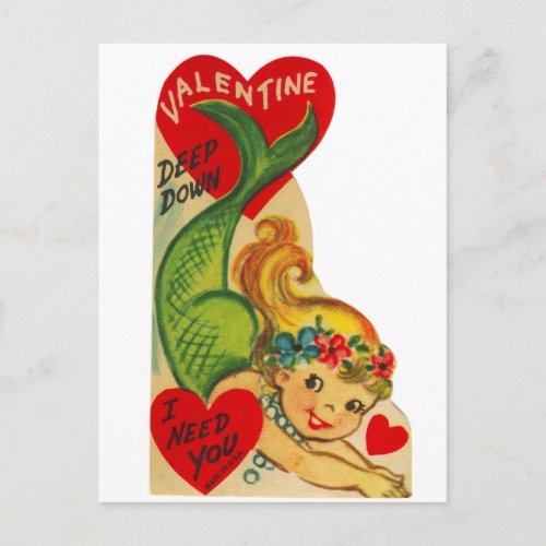 Vintage Old Valentine Little Girl Mermaid Holiday Postcard