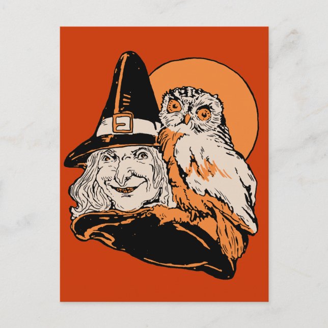 Vintage old Witch and her Owl Postcard (Front)