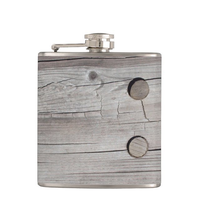 Vintage Old Wood Design Stainless Steel Hip Flasks (Front)