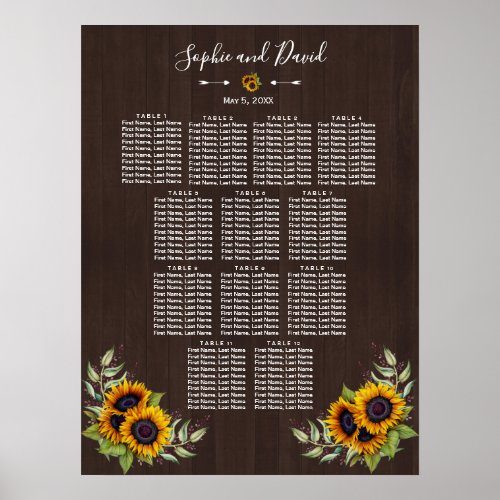 Vintage Old Wood Sunflowers Wedding Seating Chart