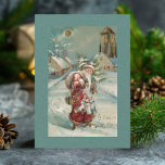 Vintage Old World Father Christmas in Snow Holiday Card<br><div class="desc">Red-robed Father Christmas walking through the snow with his arms filled with toys. Back features custom blank label and editable text fields.</div>