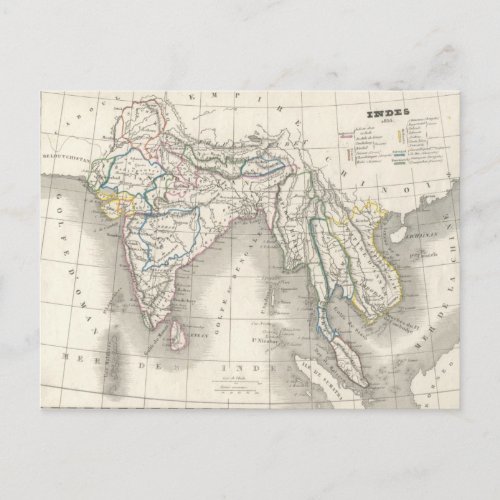 Vintage old world India map print postcard