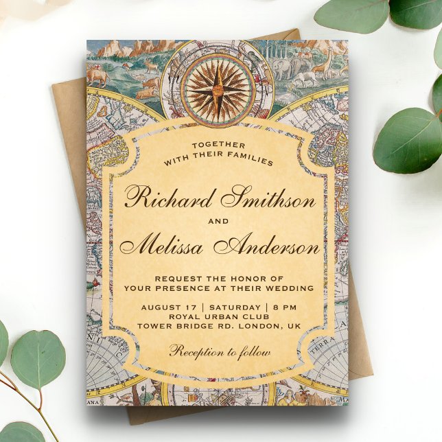 Vintage Old World Map Compass Wedding Invitation (Creator Uploaded)