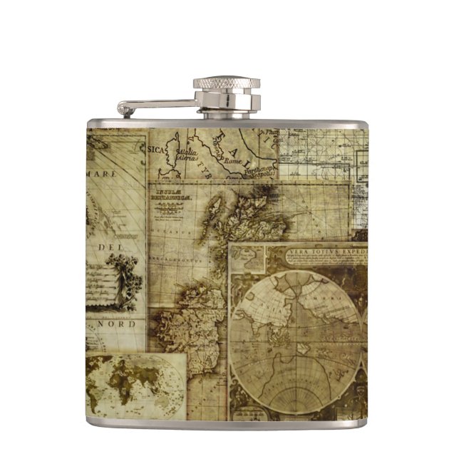 Vintage old world Maps Hip Flask (Front)
