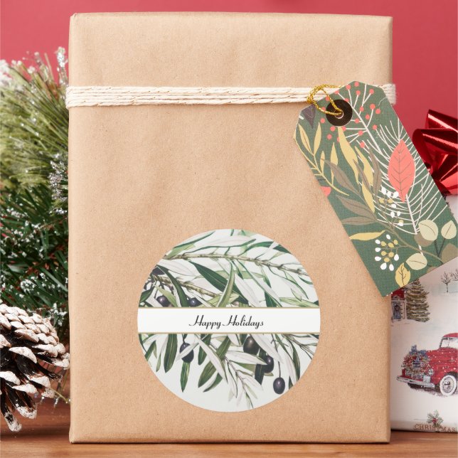 Vintage Olive Branch Happy Holidays Classic Round Sticker (Holiday)