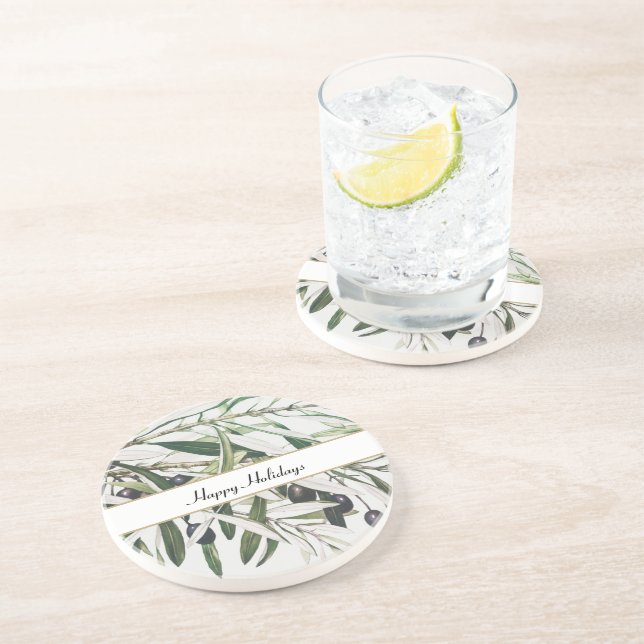Vintage Olive Branch Happy Holidays Coaster (Side)
