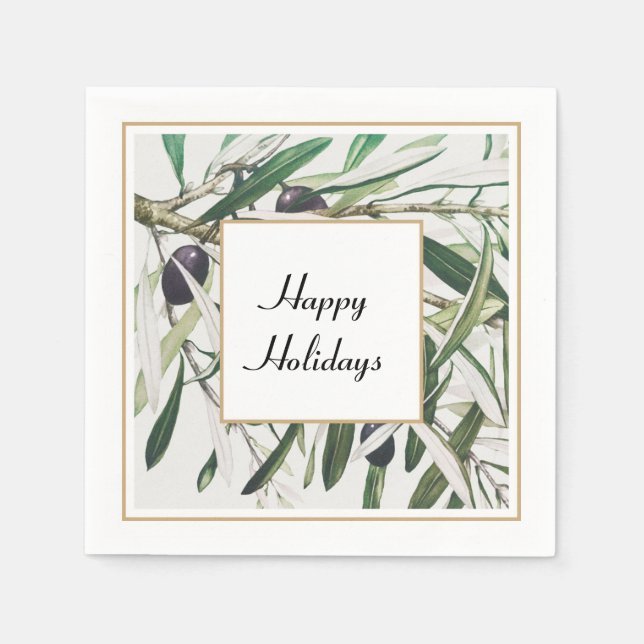 Vintage Olive Branch Happy Holidays Napkins (Front)