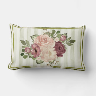 Vintage Olive/Cream Stripes with Cabbage Roses Lumbar Pillow