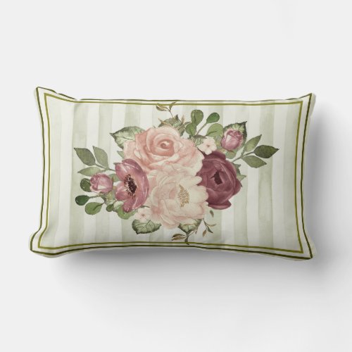 Vintage OliveCream Stripes with Cabbage Roses  Lumbar Pillow