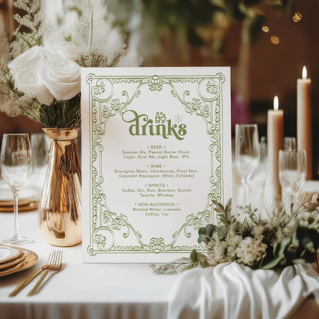 Vintage Olive Green Antique Frame Wedding Drinks Pedestal Sign (Creator Uploaded)