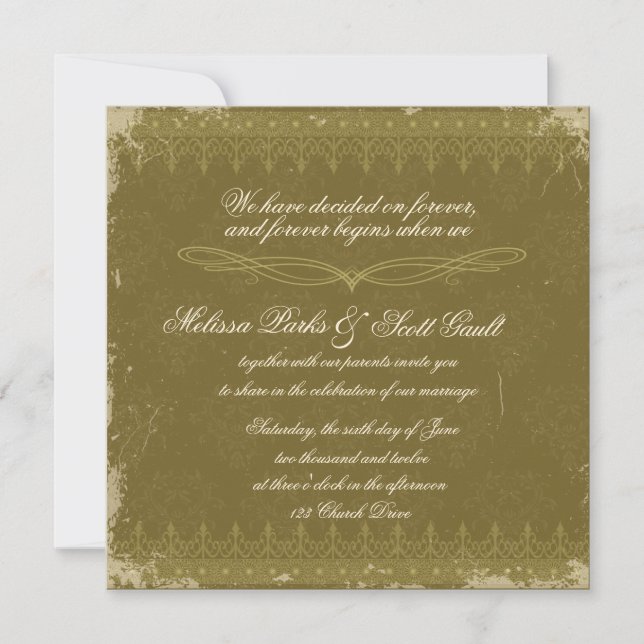 Vintage olive green damask wedding invitation (Front)