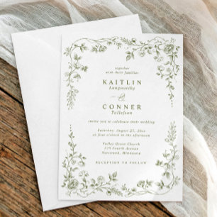 Vintage Olive Green French Floral Elegant Wedding Invitation