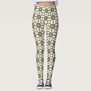 Vintage Olive Green Geometric Tile Pattern Leggings
