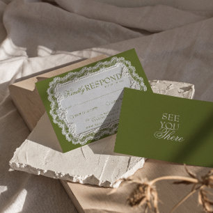 Vintage Olive Green Lace Fancy Retro Wedding RSVP Card