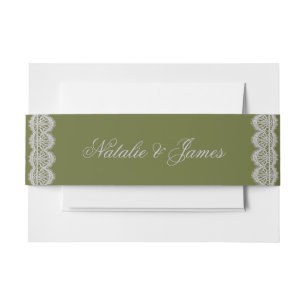 Vintage Olive Green Lace Old Money Wedding Invitation Belly Band