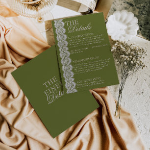 Vintage Olive Green Lace Retro Wedding Details Enclosure Card