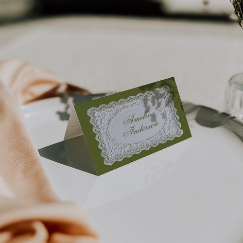 Vintage Olive Green Lace Wedding Place Cards
