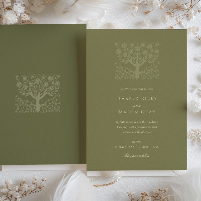 Vintage Olive Green Love Tree Wedding Invitation (Creator Uploaded)
