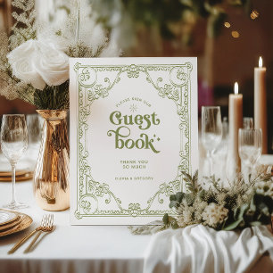 Vintage Olive Green Wedding Guest book Pedestal Sign