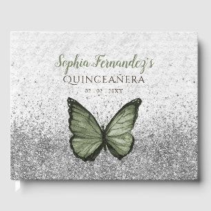 Vintage Olive Sage Silver Butterfly Quinceañera Guest Book