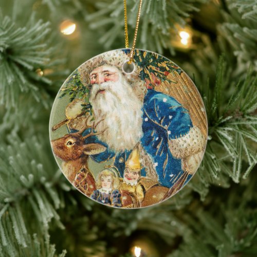 Vintage Olive Santa Claus with a Rudolph Ceramic O Ceramic Ornament