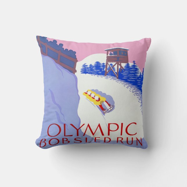 Vintage Olympic Bobsled Run Lake Placid Throw Pillow (Front)