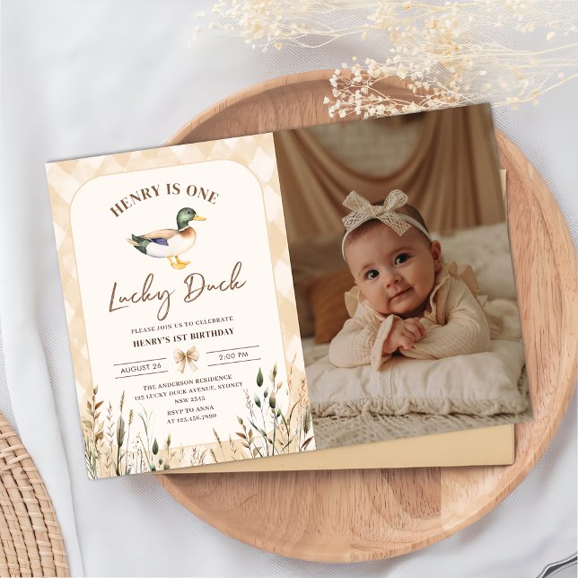Vintage One Lucky Duck 1st Birthday Photo Invitation (Creator Uploaded)