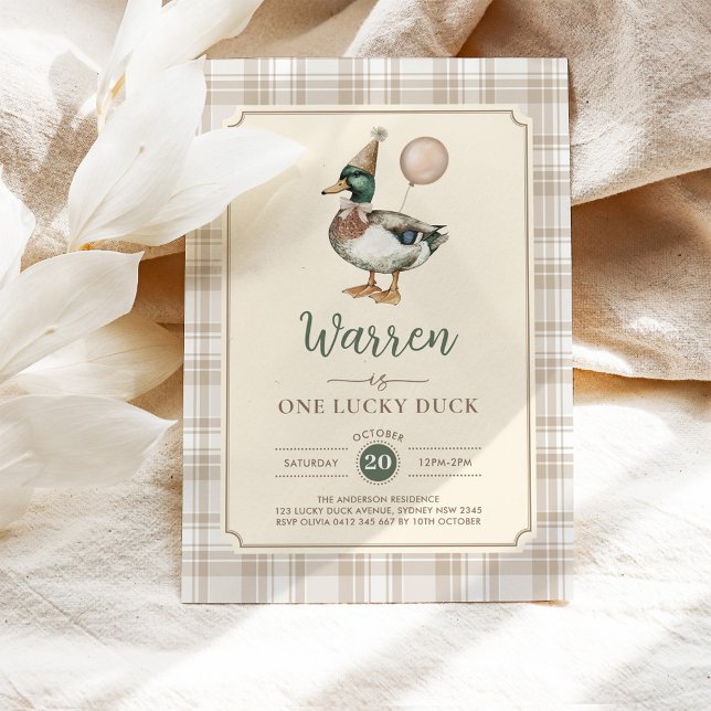 Vintage One Lucky Duck Balloon 1st Birthday Invitation (Creator Uploaded)