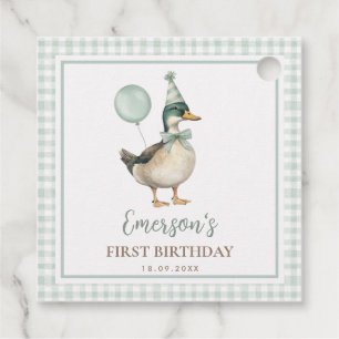 Vintage One Lucky Duck Sage Green Gingham Birthday Favor Tags