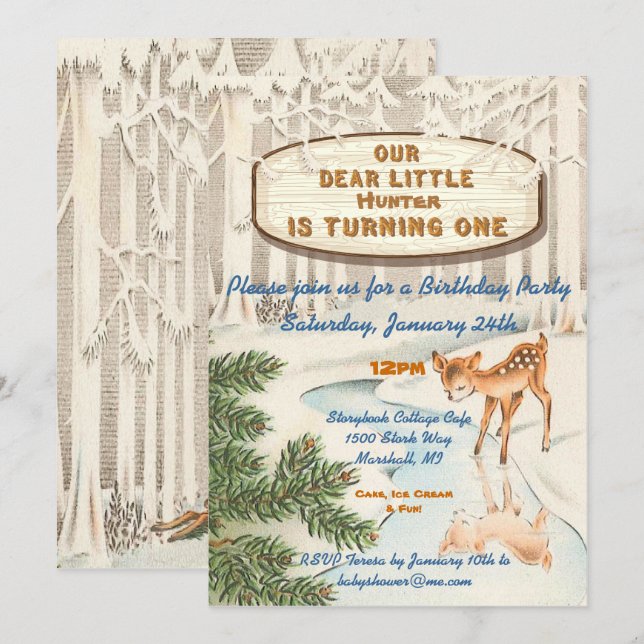 Vintage One Year Old Winter woodland Deer Invites (Front/Back)