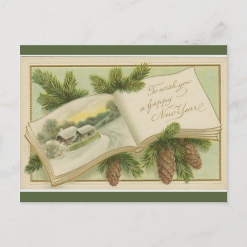 Vintage Open Book and Pine Cones Happy New Year Postcard