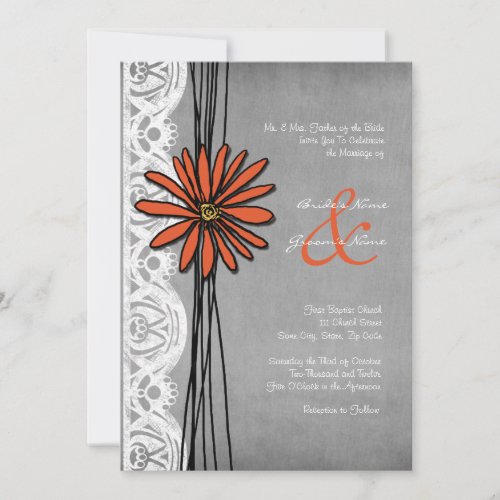 Vintage Orange and Grey Daisy Wedding Invitation