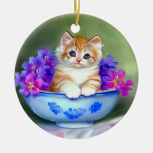 Vintage Orange and White Kitten Illustration Ceramic Ornament