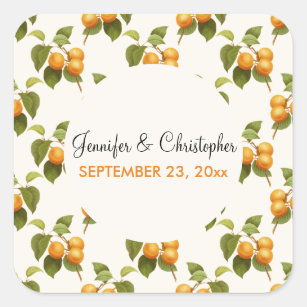 Vintage Orange Apricots Watercolor Pattern Wedding Square Sticker
