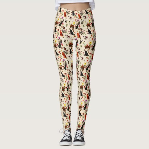 Vintage Orange Black Cats Bird Floral Garden Leggings