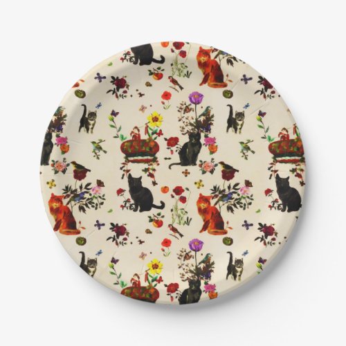 Vintage Orange Black Cats Bird Floral Garden Paper Plates