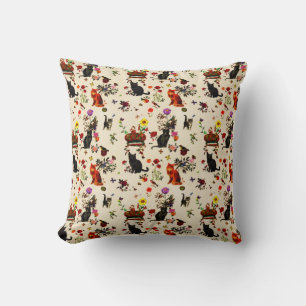 Vintage Orange Black Cats Bird Floral Garden Throw Pillow