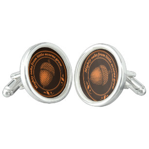 Vintage Orange Black Proverb Oak Acorn Ink Art Cufflinks