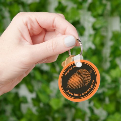 Vintage Orange Black Proverb Oak Acorn Leaves Keychain