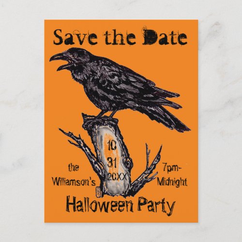 Vintage Orange  Black Raven Halloween Ink Drawing Announcement Postcard