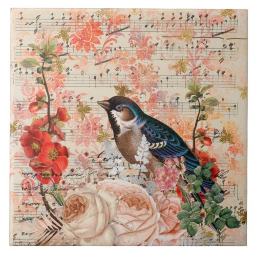 Vintage Orange Blue Floral Bird Musical Ephemera Ceramic Tile
