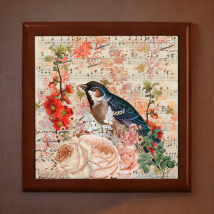 Vintage Orange Blue Floral Bird Musical Ephemera Gift Box