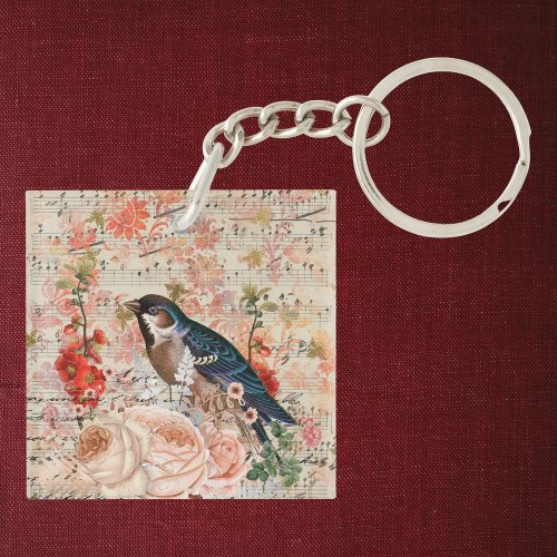 Vintage Orange Blue Floral Bird Musical Ephemera Keychain