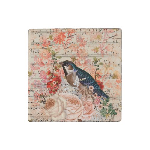 Vintage Orange Blue Floral Bird Musical Ephemera Stone Magnet