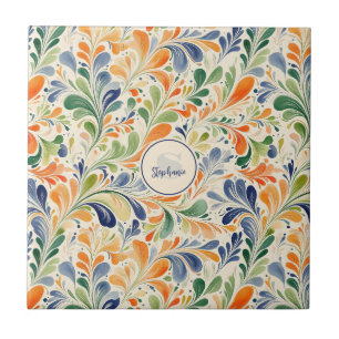 Vintage Orange Blue Green Floral Paisley Ceramic Tile