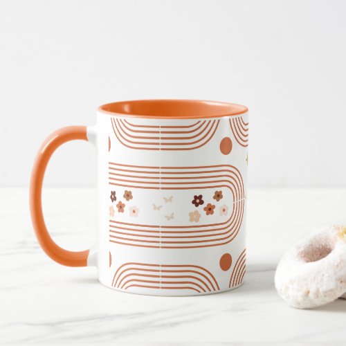 Vintage Orange Boho Geometric Lines with flowers Mug