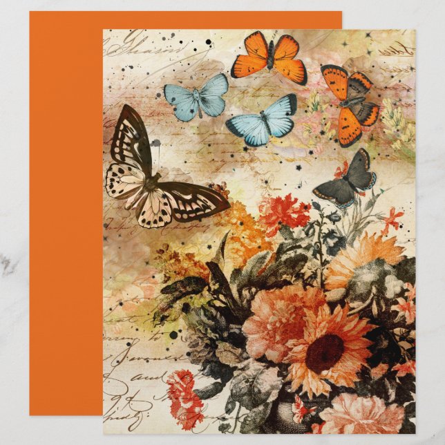 Vintage Orange Butterflies Collage Scrapbook Paper (Front/Back)