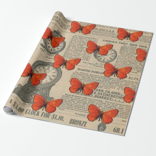 Vintage Orange Butterfly and Newspaper Wrapping Paper